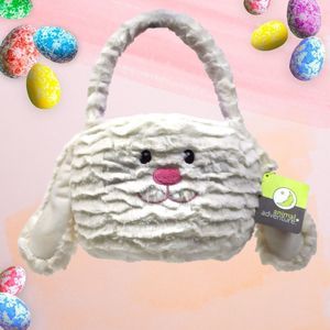 Animal Adventure WHITE BUNNY PLUSH EASTER BASKET w/ Handle Rabbit Ears NEW